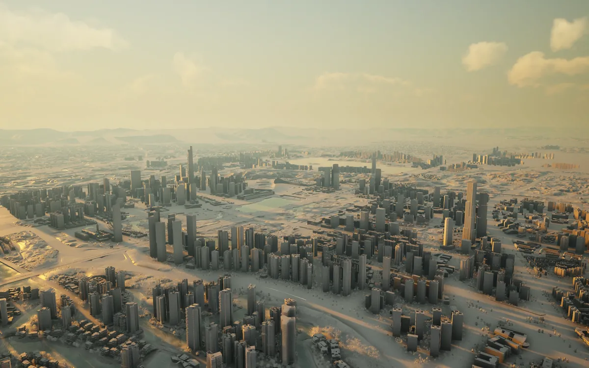 Aerial view of a city-scale white massing model at golden hour, rendered in Unreal Engine