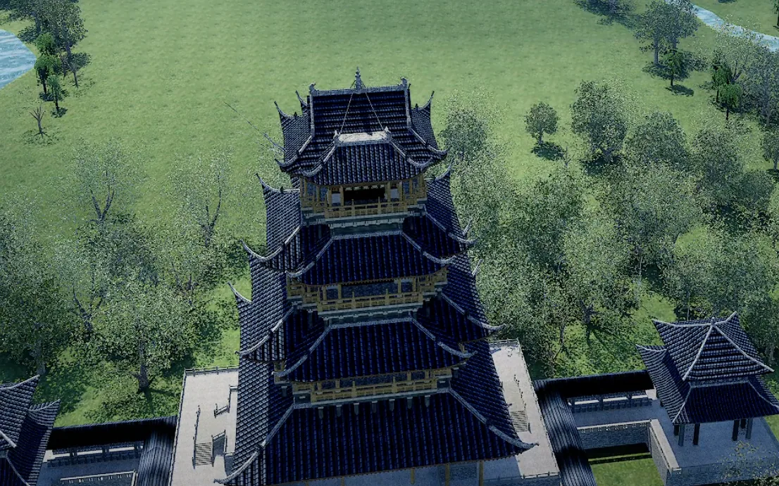 Close-up of a detailed traditional pagoda model among trees inside a CesiumJS web scene