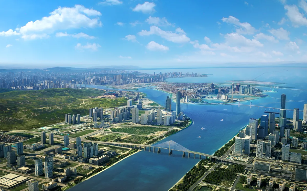 Photorealistic aerial visualization of a waterfront district with a river, bridges, and high-rise buildings